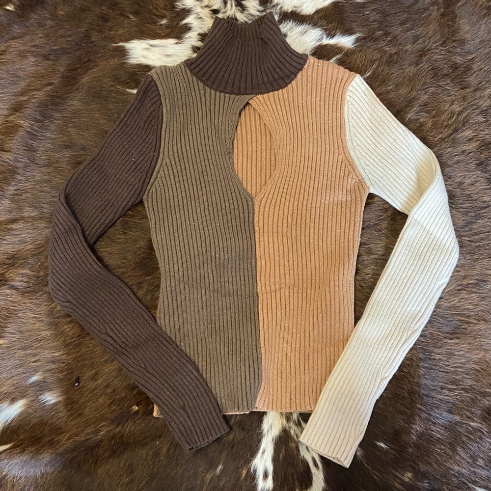 Colorblock Ribbed Turtleneck Sweater